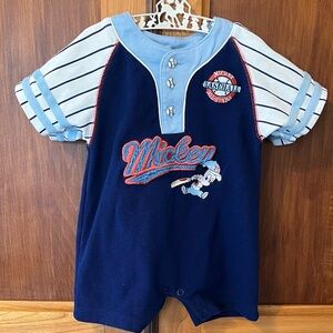 Vintage 90s Disney Mickey Mouse Baseball Blue Embroidered Romper Baby Boy 18M